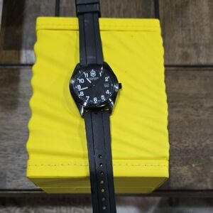 Black Analog Watch with Yellow Box